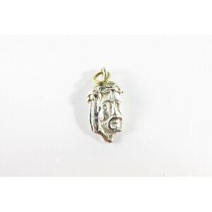 Jesus Head Charm or Pendant in Sterling Silver Polished Acid Washed Accented